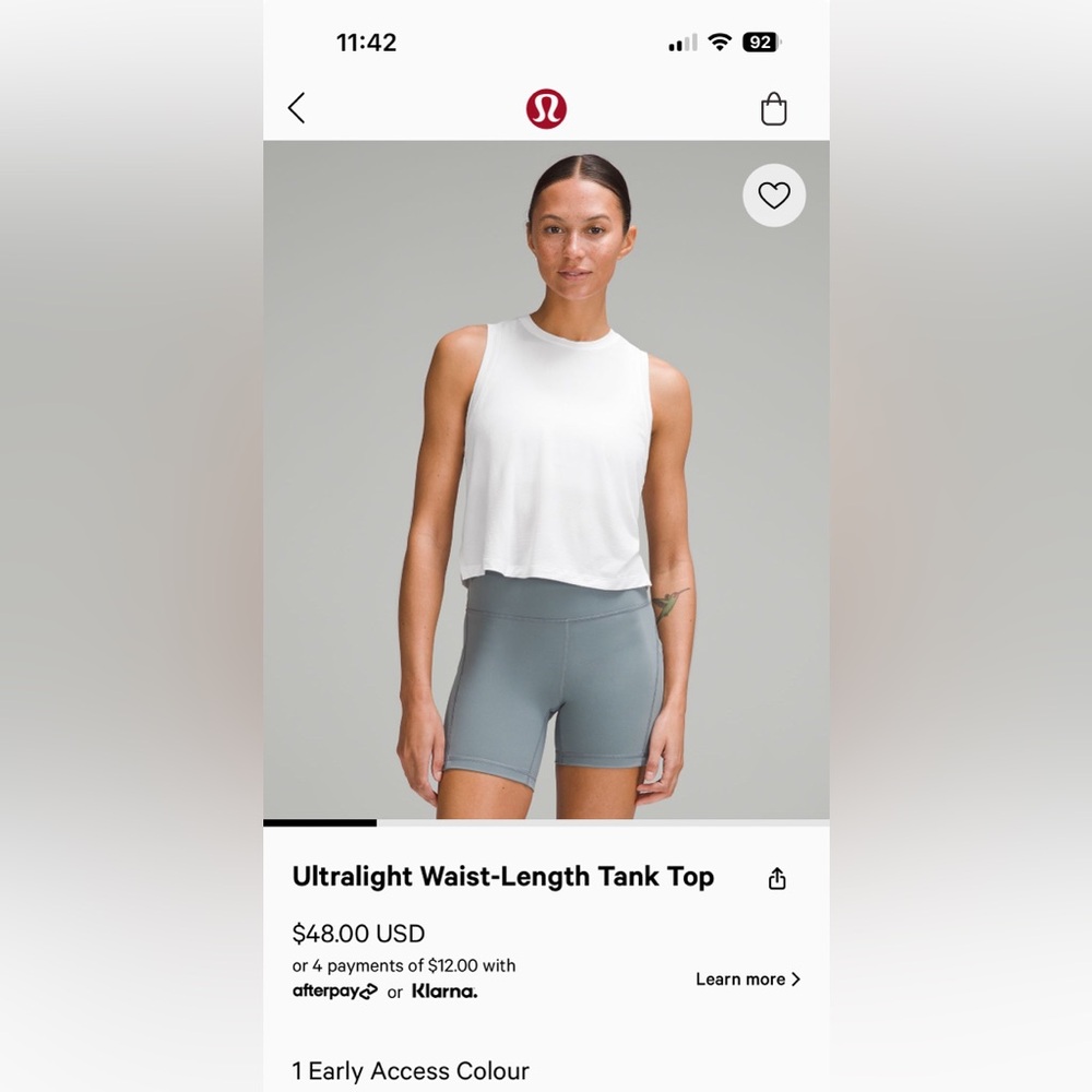 Lululemon Ultralight Waist-Length Tank Top (white size 2)